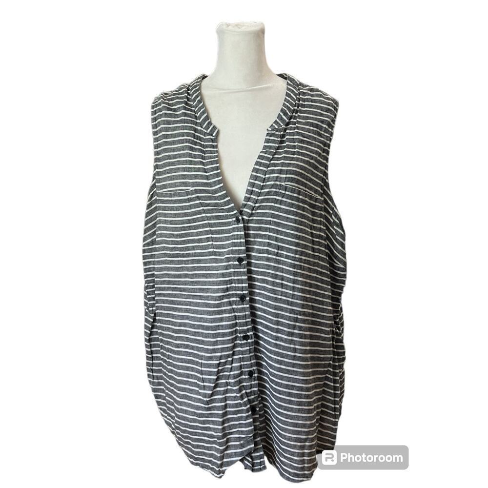 Old Navy Womensâ XXL Grey White Striped Linen Blend Sleeveless Button Tunic Top